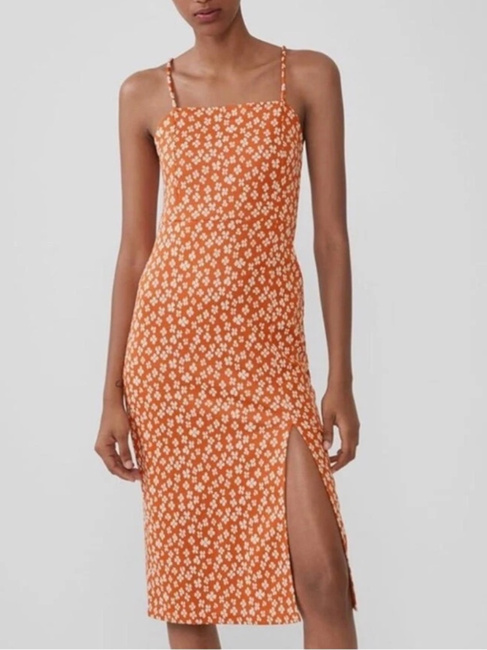 Zara Vibrant orange and white ditsy floral midi dress